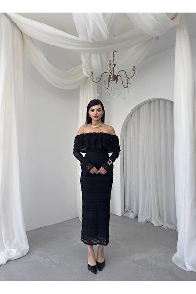 Caddebostan Moda Strapless Neckline Ruffle Lace Detailed Long Sleeve Midi Dress