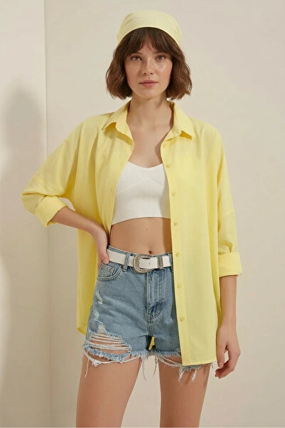 buğrahayalin Women's Oversize Basic Cotton Yellow Shirt