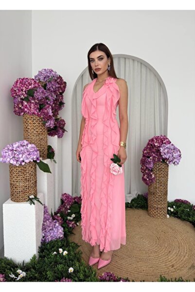 Caddebostan Moda Women's V-Neck Ruffle Stylish Evening Dress, Graduation and ...