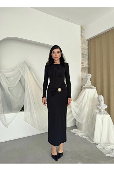 Caddebostan Moda Brooch Detailed Long Sleeve Midi Dress with Drawstring Detail