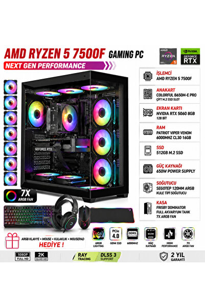 SETUPC RYZEN 5 7500F RTX 5060 16 GB DDR5 RAM 512 GB M2 SSD 650W PSU EKIPMAN S...
