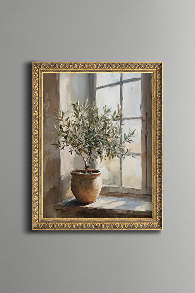 epiqart Pencere Önündeki Zeytin Ağacı - Vintage Desenli Çerçeve - İnce Model