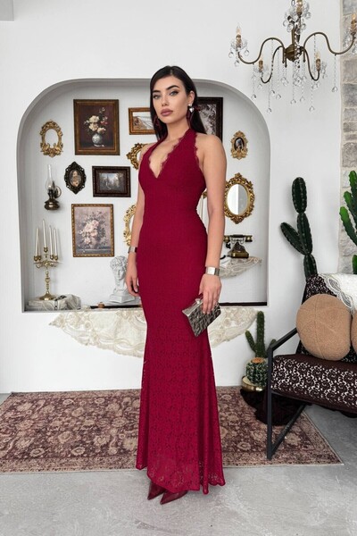 Julidress Halter Neck Tulle Detailed Maxi Long Engagement Event Premium Lace ...