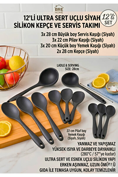 BRE HOME 12'li Ultra Sert Uçlu Siyah Silikon Kepçe Ve Servis Seti - Isıya Day...