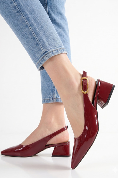 MİNNACE Burgundy Patent Leather Pointed Toe Open Back Large Buckle 5 cm Thick...