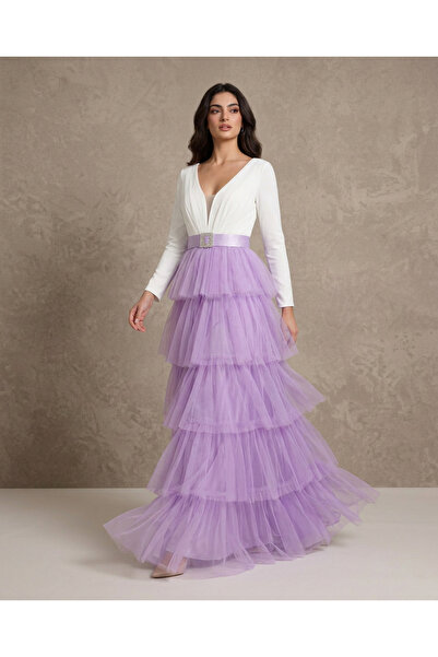 NO BRAND Vrn-Drs-020 |   Lilac Evening Dress with Soft Tulle Layers