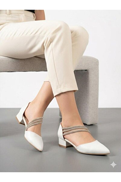 Lütfi Women's White Thick Heel Comfortable Fit Heeled Ballerina Shoes