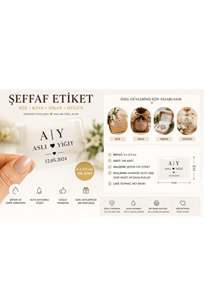 ESK Kişiye Özel Şeffaf Etiket | 4x2,5 Cm 108 Adet | Söz, Kına, Nişan, Düğün, ...