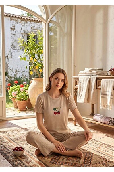İpek Women's Short Sleeve Crew Neck 100% Cotton Camisole Summer Themed Cherry...