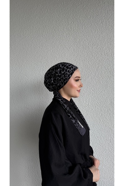 Anatolye Siyah-Gri Leoparlı Tülbent Eşarp Bone - Kaymaz Terletmez (Kaymayan)