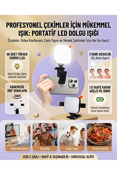 asua Şarjlı Mandallı Klipsli Portatif Video Işığı LED Selfie Işığı 3 Renk Mod...