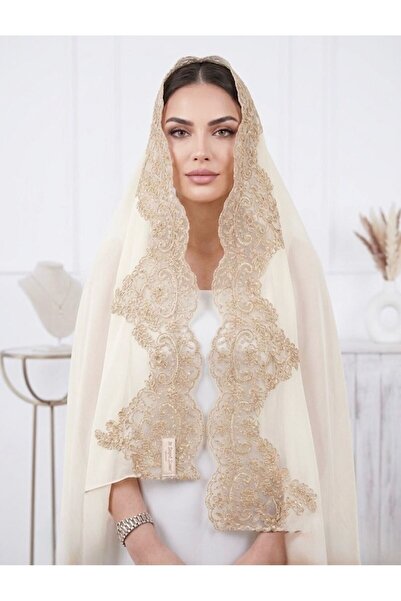 By Serpil Şener Gold Dantelli Krem rengi Şifon Şal-Lohusa& Mevlüt&Çeyiz Şalı