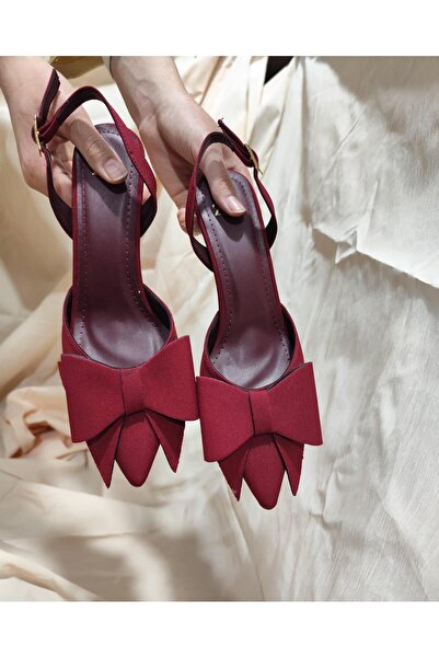 MY STİL MODA Burgundy Satin Thin Heeled Women's Shoes with Bow