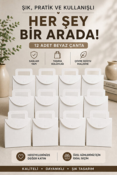 ASL ArtPaper 12 Adet Beyaz Çanta Kutu 20x25x10 cm | Saplı Hediyelik Kutu Çant...