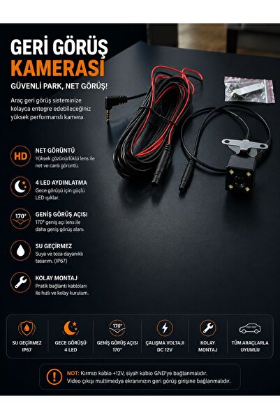 BCT STORE Arka Görüş Kamerası Gece Görüşlü 5m Arka Kamera Set. 5 Pin 2,5 Mm A...