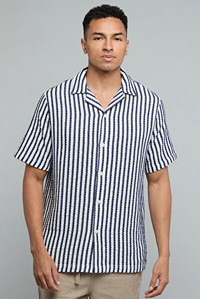 R&B Striped Shirt with Revere Collar and Short Sleeves