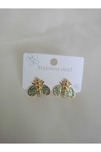 inci çelik aksesuar Green Enamel Bee Steel Earrings