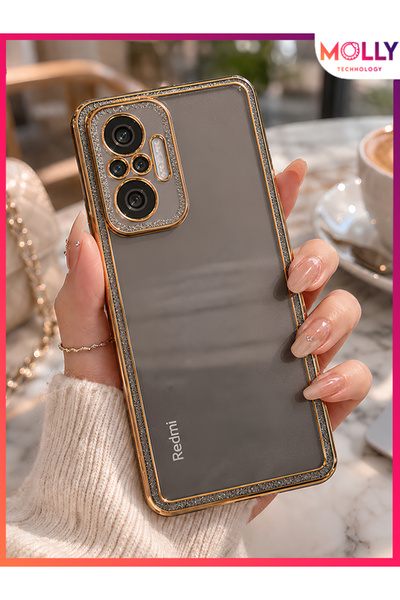 Molly REDMİ NOTE 10 PRO İçin Füme Aurora Taş Dokulu Altın Detaylı Şeffaf Kame...