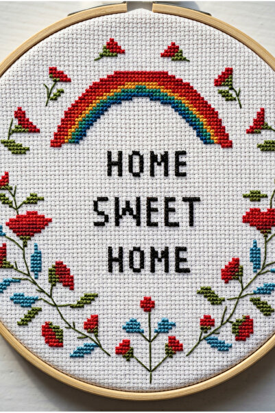 Haneliya Home Sweet Home (Evim Güzel Evim) Motifli Kasnak Nakış Seti Etamin K...