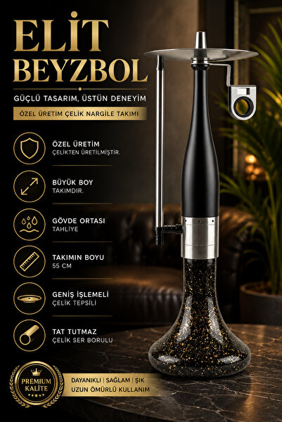 perfectmegastore Elit Beyzbol Nargile Takımı 55 cm Büyük Boy Çelik Gövdeli Gö...