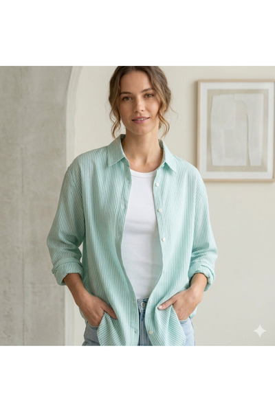 BAHNUR Women's Mint Green White Striped Muslin Shirt - Fully Fitted, Breathab...