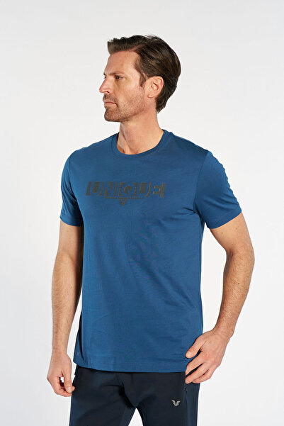 bilcee Men's Blue Cotton T-Shirt with Embossed Detail 4881