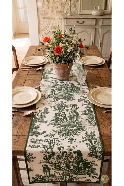 KİLİAHOME Duck Kumaş Fransız Köylü Desenli Runner - Yeşil Beyaz Toile De Jouy...