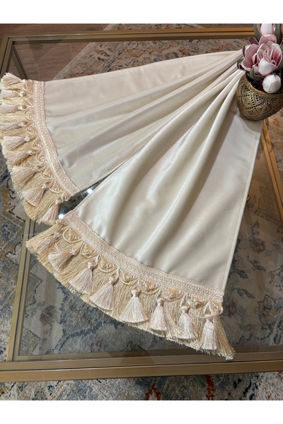 ELORA MAISON Çift püsküllü krem renkli kadife runner örtü