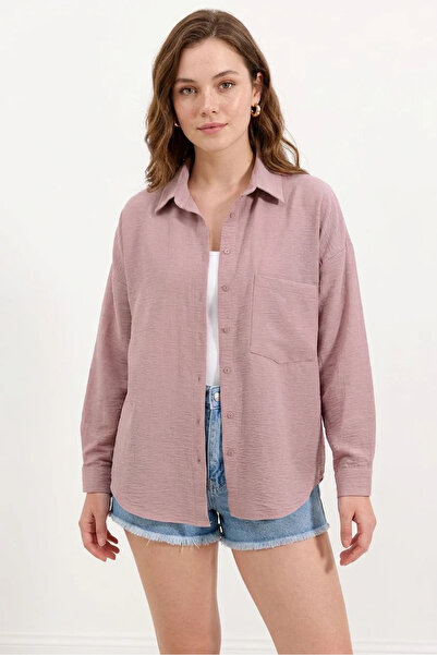 Efnaz style Women's Single Pocket Oversize Viscose Dusty Rose Shirt
