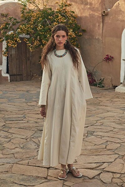 Ceylan Otantik Cream Organic Linen Water Stone Piece Dress