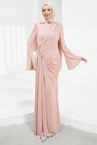 İmajButik Powder Waist Gathered Stone Evening Dress