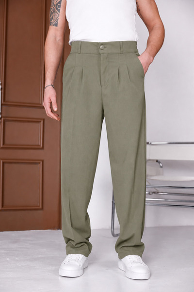 Ser Joven Erkek Haki Baggy Fit Rahat Kesim Pileli Kumaş Pantolon