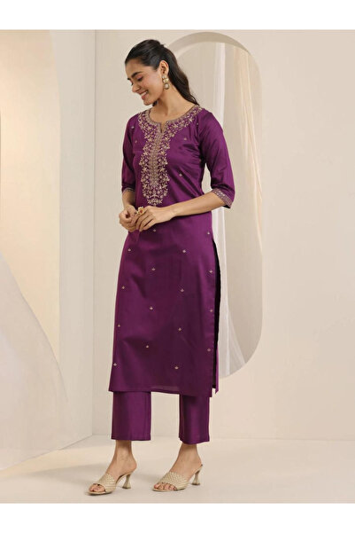 MYSMAR Purple Roman Silk Pant Set with Dupatta - HRT4846-Purple