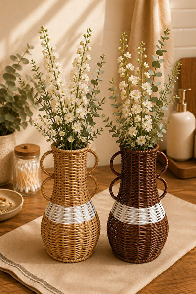 Chefstar HASIR GÖRÜNÜMLÜ DEKORATİF RATTAN VAZO BOHEM EV DEKORASYONU ÇİÇEKLİK