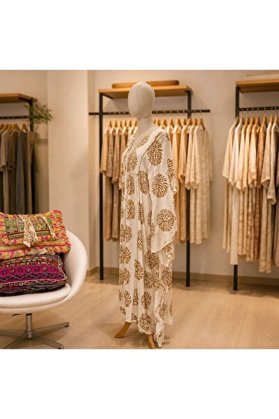 İthal V Yaka Etnik Desenli Uzun Kaftan - Doğal Dokulu Akdeniz Tarzı Boho-Chic...