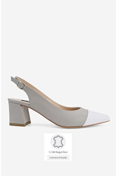 TUNAELLİ Women's Gray Genuine Natural Leather Shoes with Open Back and Heels,...