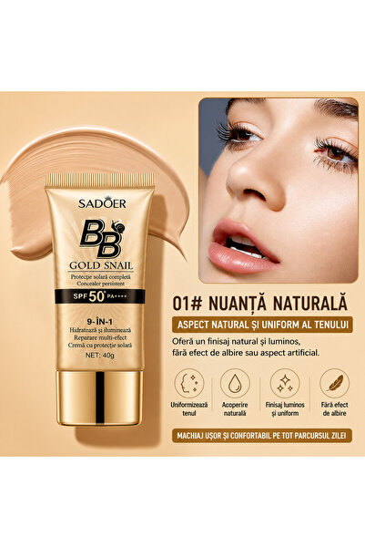 SADOER BB Golden Snail Cream 9 în 1 SPF 50+ PA++++ – Acoperire Ridicată, Hidratare și Protecție UV