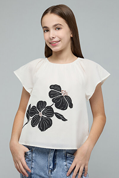 R&B Printed Top with Crew Neck and Flared Sleeves