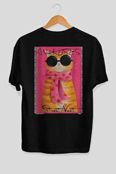 Ankhises For the Love of Cats 118 Cat Printed Black Oversize T-Shirt 100% Cot...