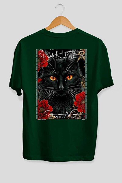 Ankhises For the Love of Cats 10 Cats Printed Green Oversize T-Shirt 100% Cot...