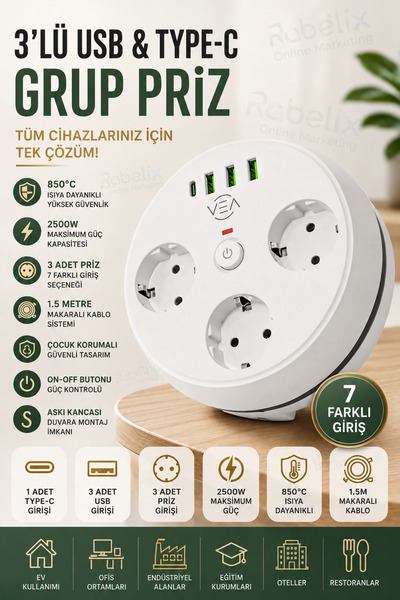 Rabelix Online Marketing 1.5 Metre 3'lü Grup Priz USB ve Type-C Girişli -2500...