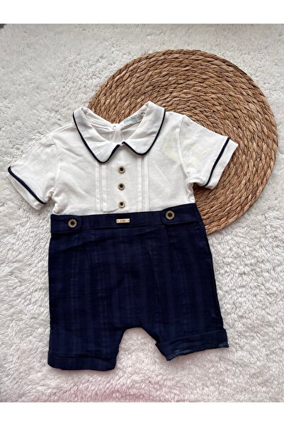 Nanon Baby Erkek Bebek Salopet Tulum Yazlık Pamuklu Yakalı Düğme Efektli Çıtl...