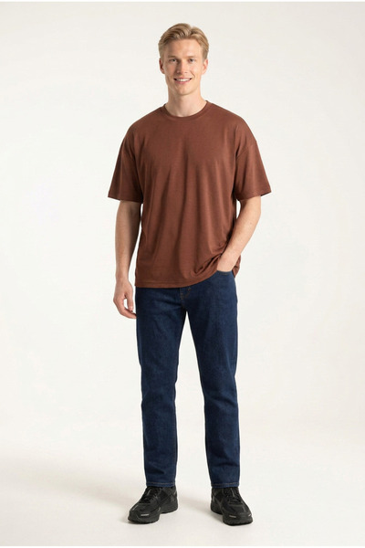 ELAFRO Men's Brown Oversize Modal Fabric Silky Textured Crew Neck T-Shirt