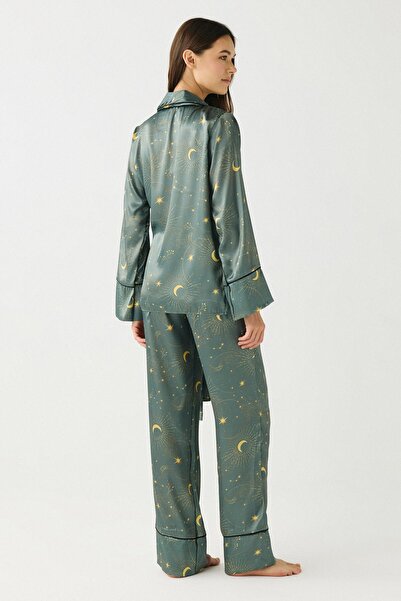 C&City Luna Touch Kimono Pantolon 2'li Saten Takım Haki
