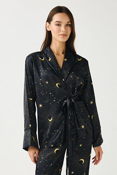C&City Luna Touch Kimono Pantolon 2'li Saten Takım Lacivert
