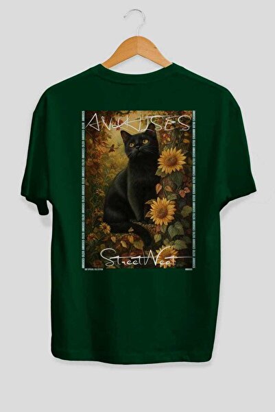 Ankhises For the Love of Cats 89 Cat Printed Green Oversize T-Shirt 100% Cott...