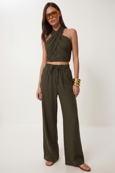 Lovelyİstanbul Halter Neck Linen Top and Bottom Set Lby0059 Khaki