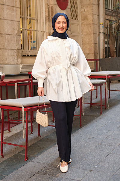 LOCCO Women's Collared and Waist-Tied Blouse White