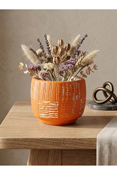 mora store Iskandinav Saksı Bohem Tarz Dekoratif Turuncu 12,5x11 cm Beton Saksı