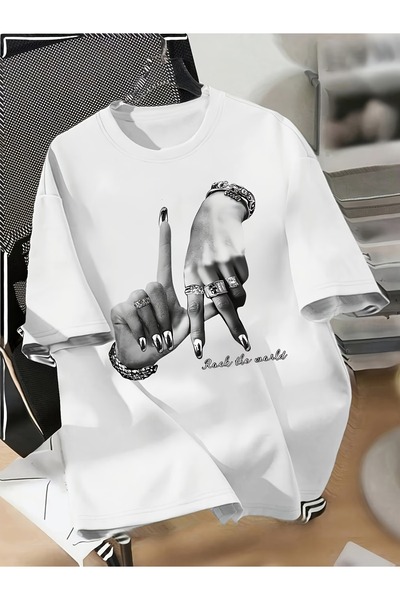 PAVRO Unisex Άνετο T-shirt με μικτό σχέδιο και στάμπα